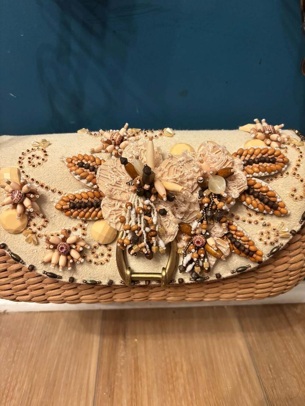 Vintage Mary Frances Beaded Floral Applique Woven Straw hard case Shoulder Bag - Picture 3 of 15